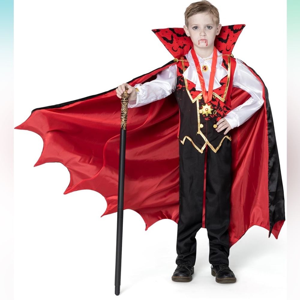 NWT Spooktacular Child Vampire Costume W/Sceptor, Cape, and Medallion, Size 8/10